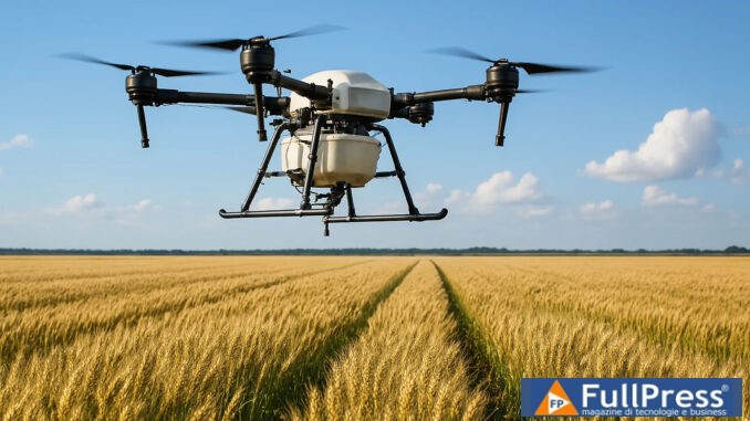 Drone in volo su campi coltivati