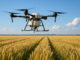 Drone flying over cultivated fields