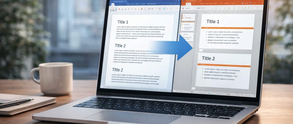 conversione file Word in PowerPoint su laptop con documento e slide affiancati