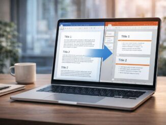 conversione file Word in PowerPoint su laptop con documento e slide affiancati