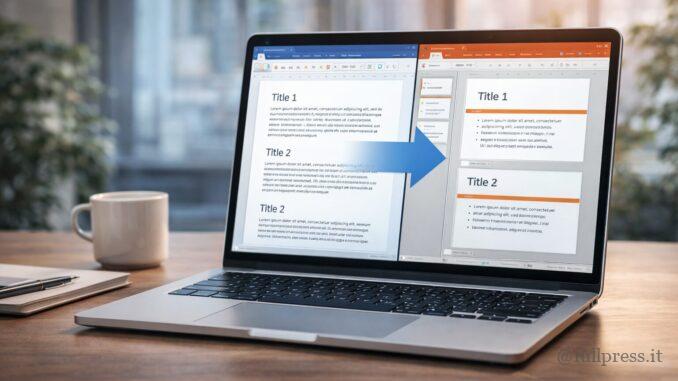 conversione file Word in PowerPoint su laptop con documento e slide affiancati