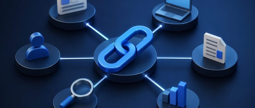 Rete di link digitali con icona centrale e connessioni tra siti web, rappresentazione della link building SEO