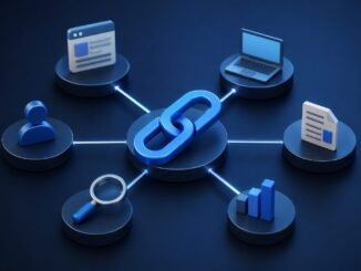 Rete di link digitali con icona centrale e connessioni tra siti web, rappresentazione della link building SEO