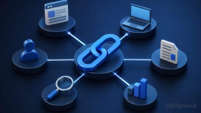 Rete di link digitali con icona centrale e connessioni tra siti web, rappresentazione della link building SEO