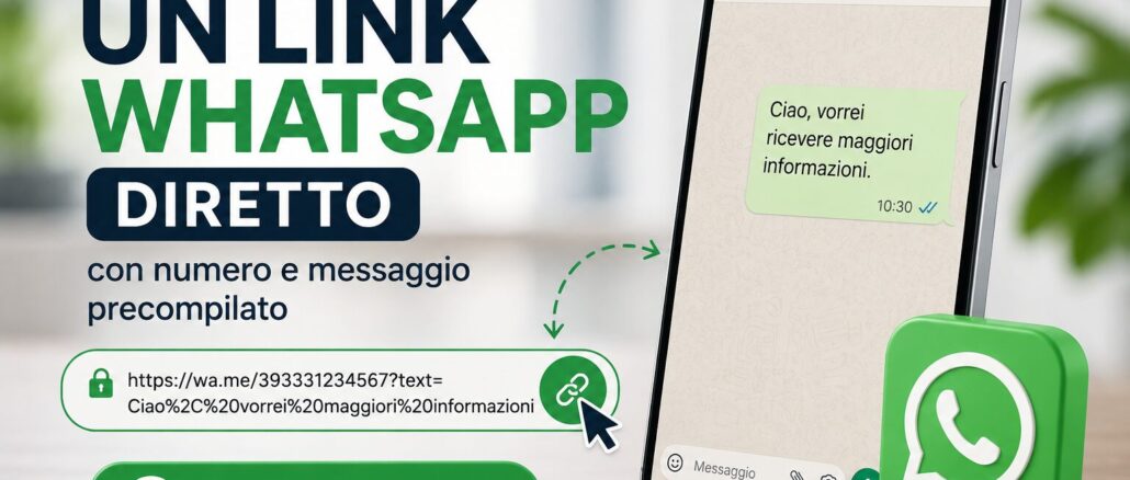 Schermata stilizzata con link WhatsApp diretto e pulsante per aprire una chat.