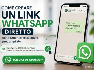 Schermata stilizzata con link WhatsApp diretto e pulsante per aprire una chat.