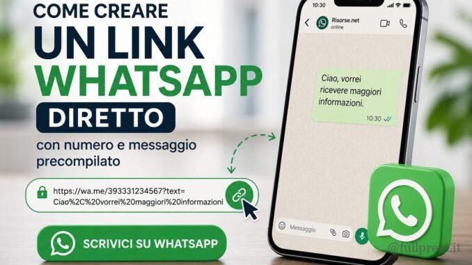 Schermata stilizzata con link WhatsApp diretto e pulsante per aprire una chat.