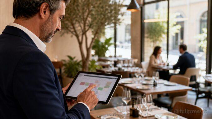 Ristoratore che gestisce le prenotazioni del ristorante da tablet in una sala moderna
