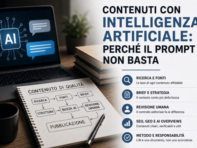 Illustrazione sul metodo editoriale per creare contenuti con intelligenza artificiale, tra ricerca, fonti, brief, revisione umana, SEO e responsabilità.