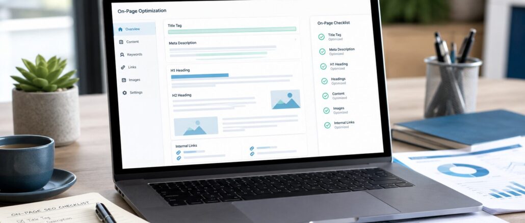 Checklist SEO on-page visualizzata su laptop per ottimizzare una pagina web.