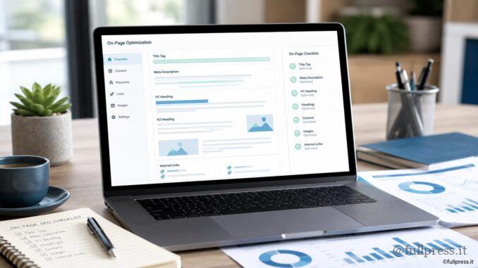 Checklist SEO on-page visualizzata su laptop per ottimizzare una pagina web.