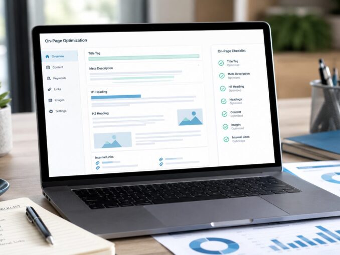 Checklist SEO on-page visualizzata su laptop per ottimizzare una pagina web.