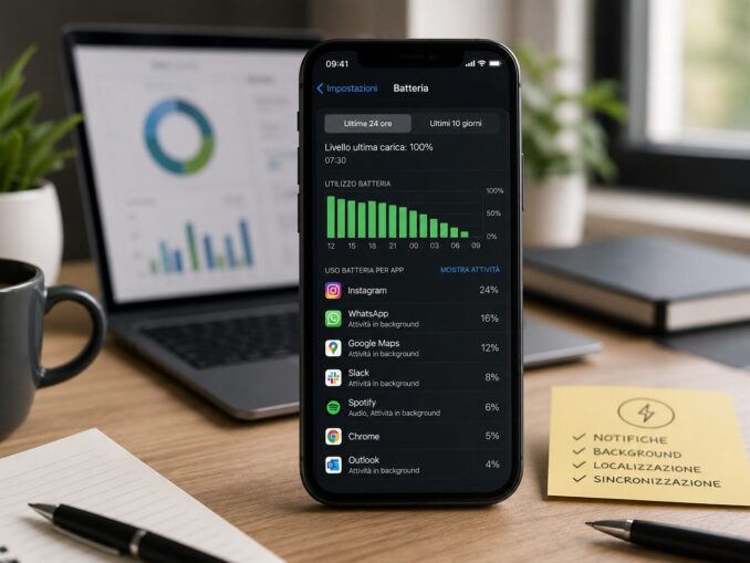 Smartphone con schermata del consumo batteria delle app su una scrivania di lavoro.