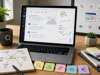 Laptop con editor di contenuti SEO, struttura articolo e pannello di ottimizzazione.