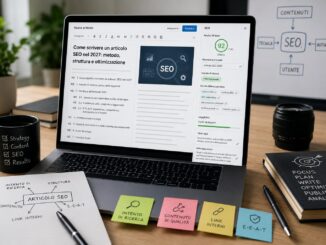 Laptop con editor di contenuti SEO, struttura articolo e pannello di ottimizzazione.