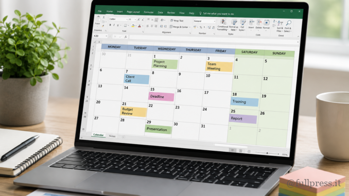 Calendario personalizzato creato in Excel con date, colori e attività.