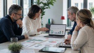 Professionisti analizzano dati e strategie durante una consulenza SEO