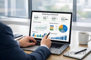 Dashboard marketing con dati di traffico, conversioni e performance delle campagne.