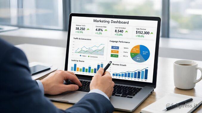 Dashboard marketing con dati di traffico, conversioni e performance delle campagne.