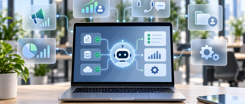 Agenti AI in azienda collegati a processi, dati, assistenza, marketing e automazione.