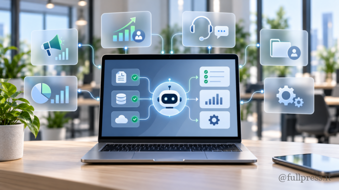 Agenti AI in azienda collegati a processi, dati, assistenza, marketing e automazione.