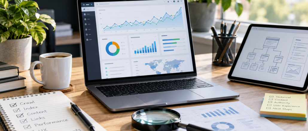 Analisi SEO completa di un sito web con dashboard, performance e struttura del sito