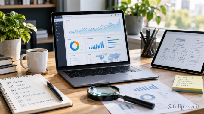 Analisi SEO completa di un sito web con dashboard, performance e struttura del sito