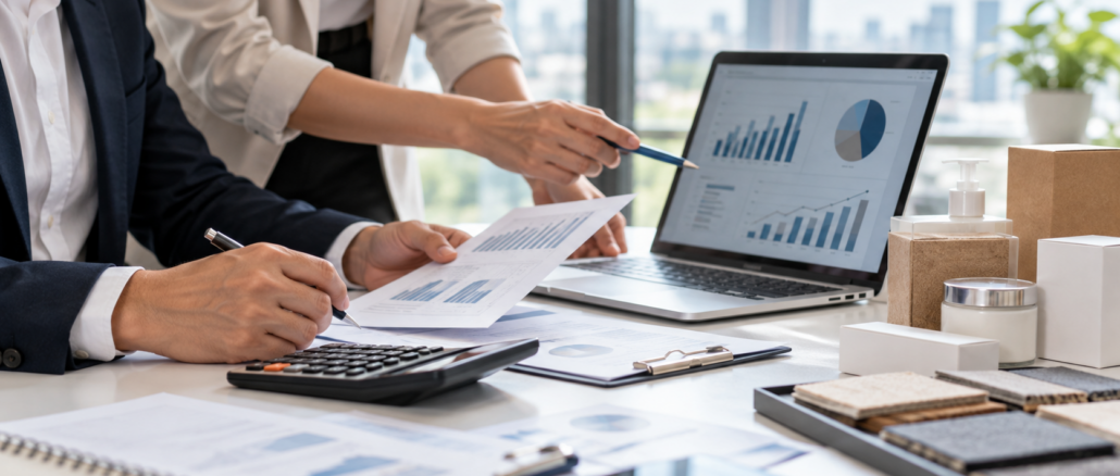 Due professionisti analizzano grafici finanziari e campioni di prodotto per ottimizzare i costi aziendali mantenendo la qualità.