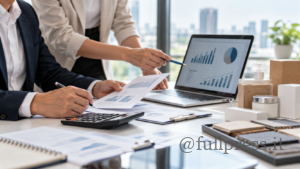 Ridurre i costi aziendali senza sacrificare la qualità Due professionisti analizzano grafici finanziari e campioni di prodotto per ottimizzare i costi aziendali mantenendo la qualità.