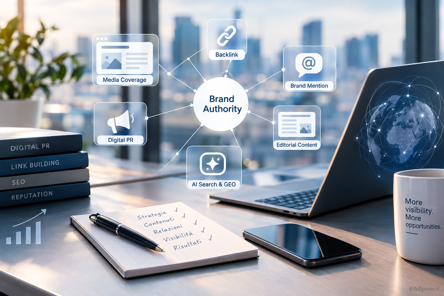 Schema dell'autorevolezza digitale con collegamenti tra backlink, Digital PR, menzioni del brand, contenuti editoriali e AI Search.