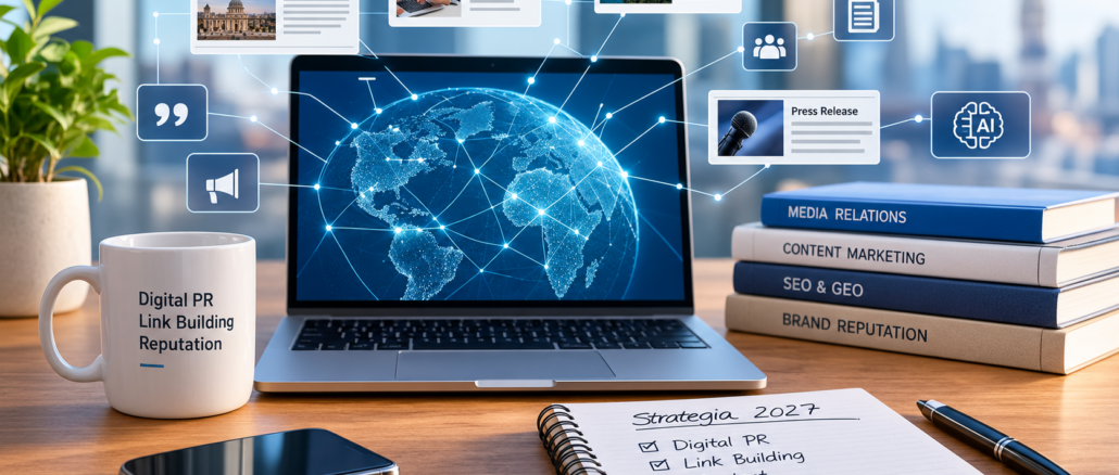 Postazione di lavoro con laptop, rete digitale globale, comunicati stampa e quaderno dedicato alla strategia Digital PR 2027.