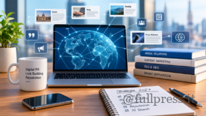 Digital PR e link building nel 2027: strategie di visibilità Postazione di lavoro con laptop, rete digitale globale, comunicati stampa e quaderno dedicato alla strategia Digital PR 2027.