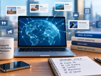 Postazione di lavoro con laptop, rete digitale globale, comunicati stampa e quaderno dedicato alla strategia Digital PR 2027.
