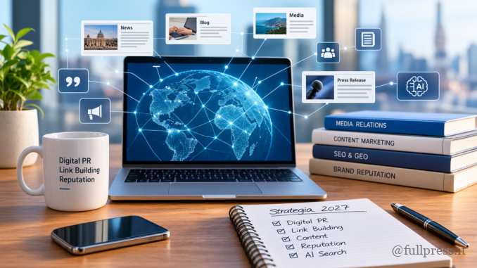 Postazione di lavoro con laptop, rete digitale globale, comunicati stampa e quaderno dedicato alla strategia Digital PR 2027.